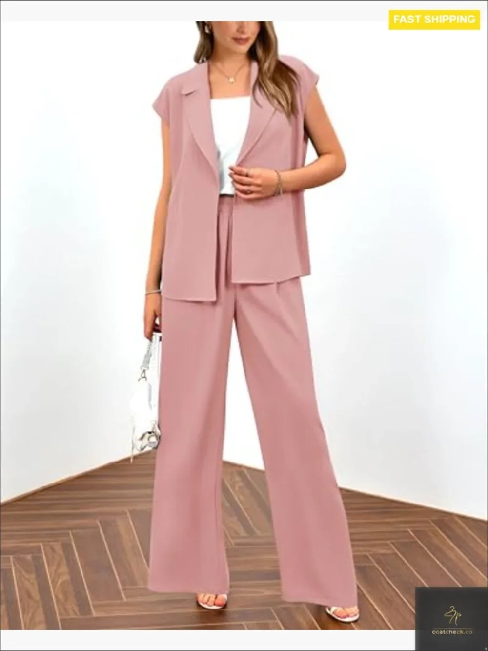 Cap Sleeve V Neck Blazer Vest Wide Leg Pant Set 2 Piece Business Work Outfit